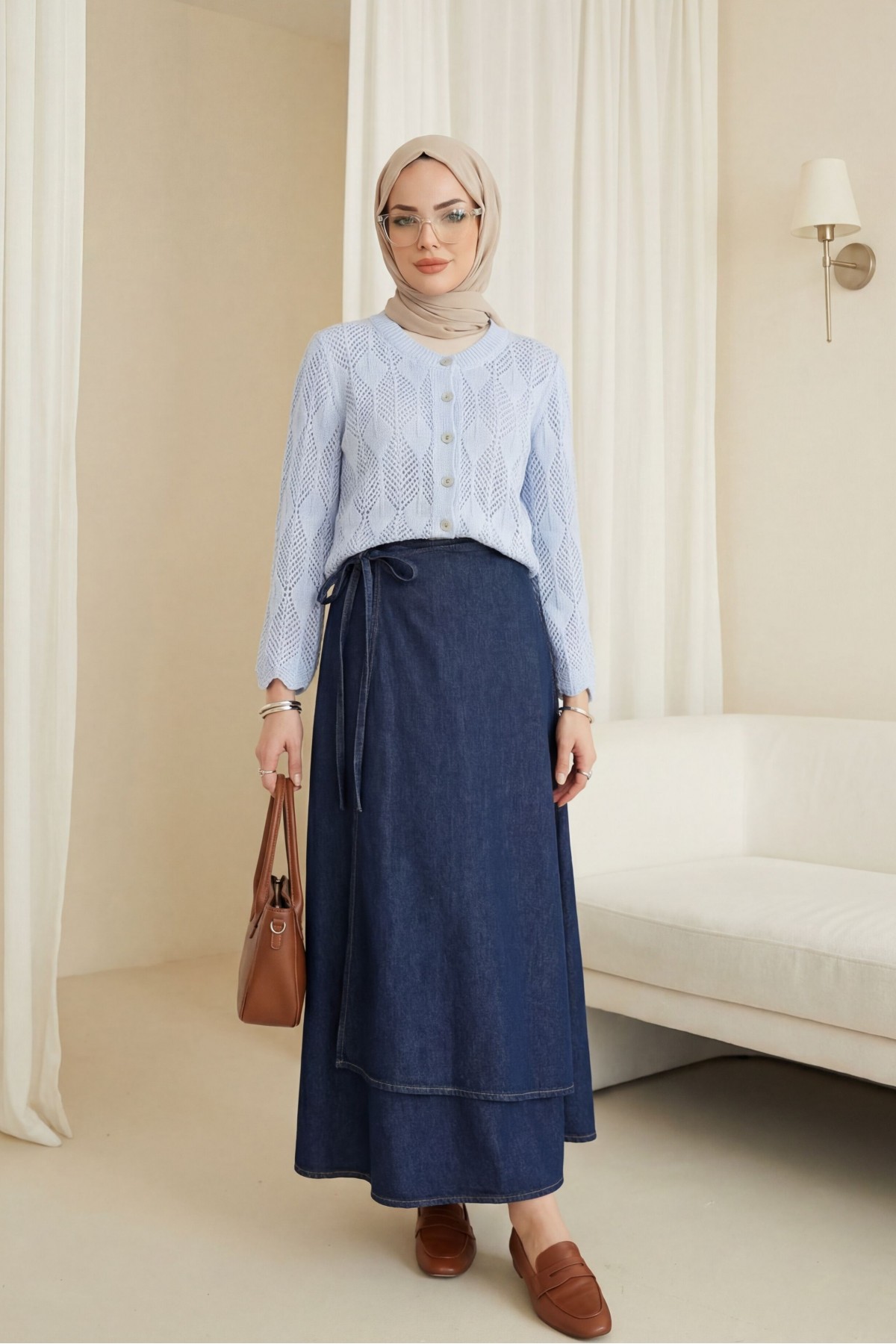 Leaf Patterned Openwork Knit Cardigan  -Ice Blue