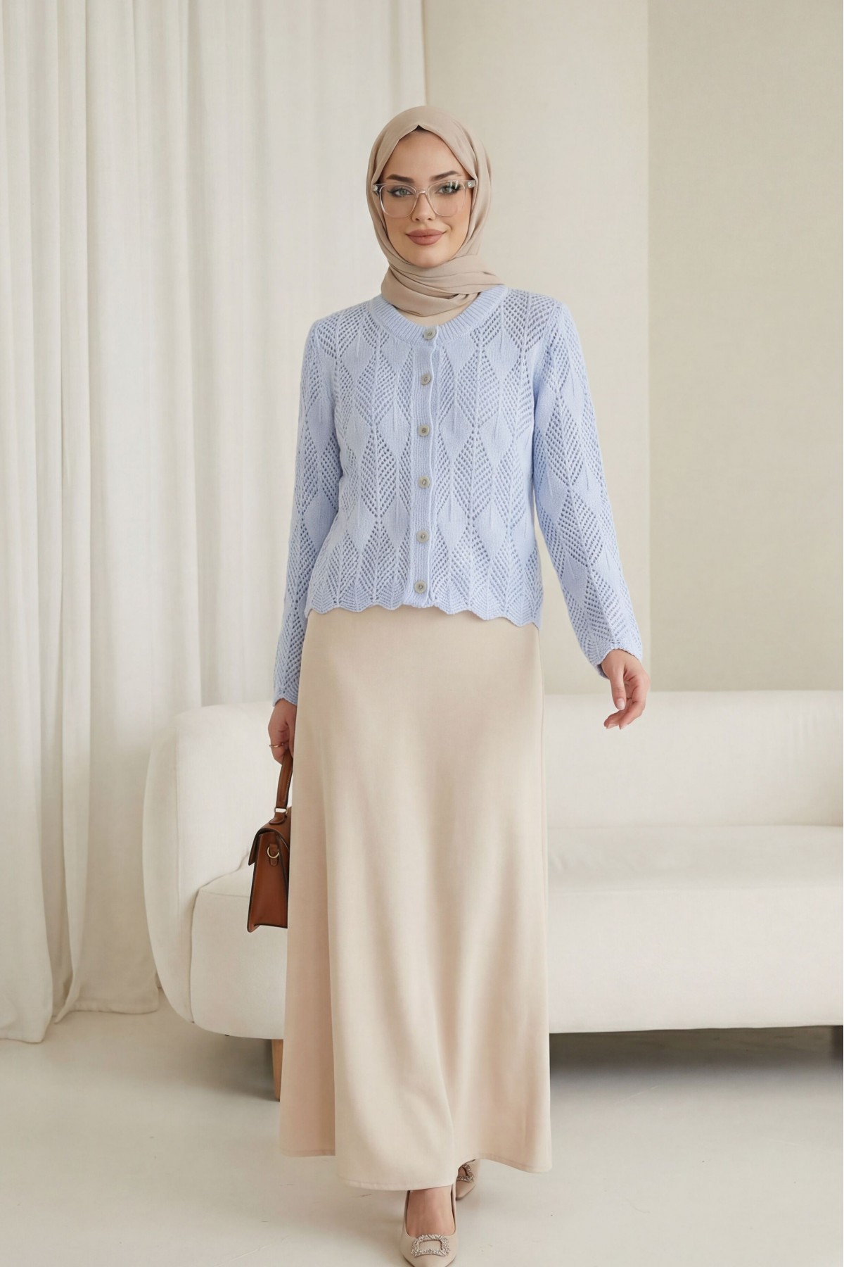 Leaf Patterned Openwork Knit Cardigan  -Ice Blue