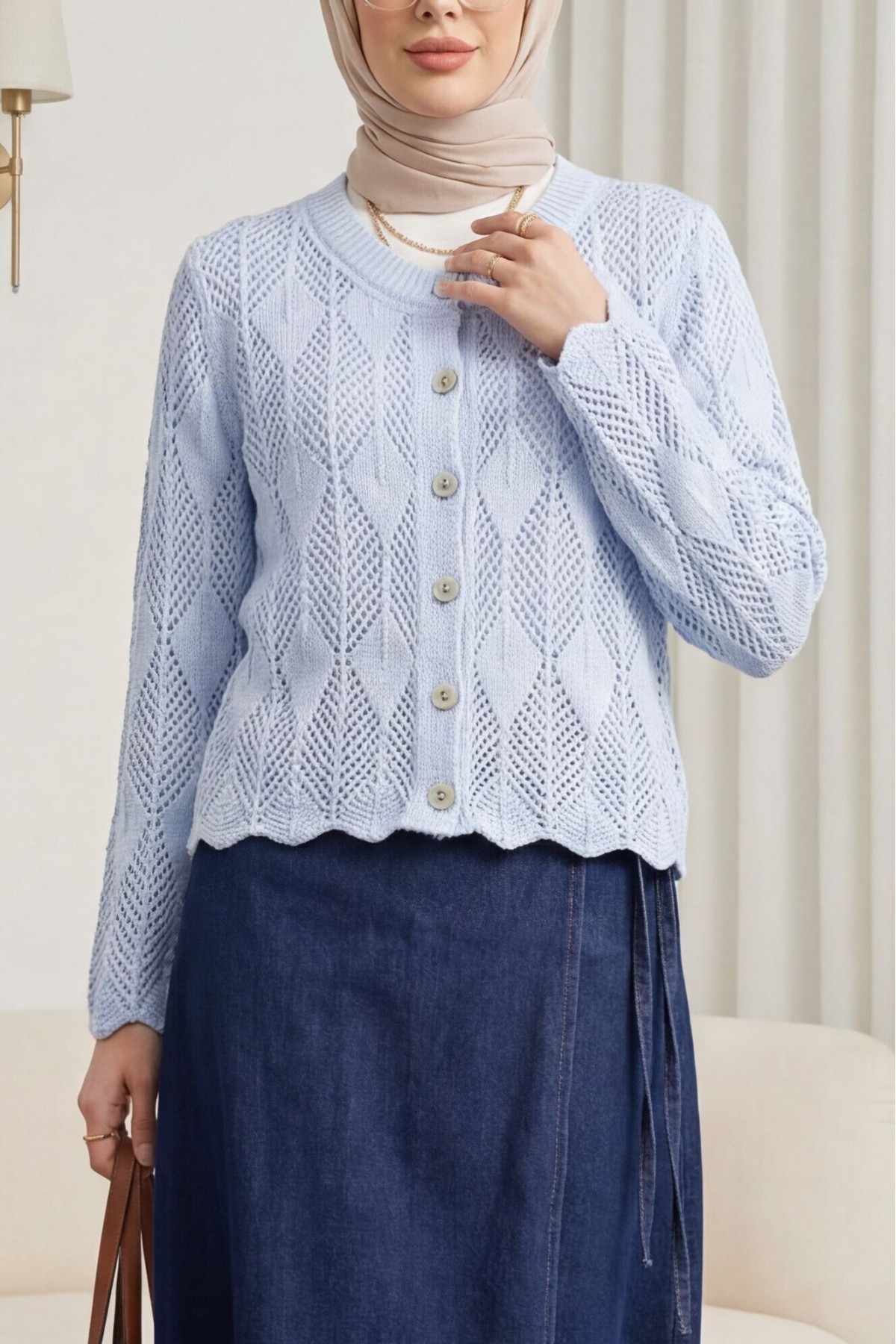 Leaf Patterned Openwork Knit Cardigan  -Ice Blue