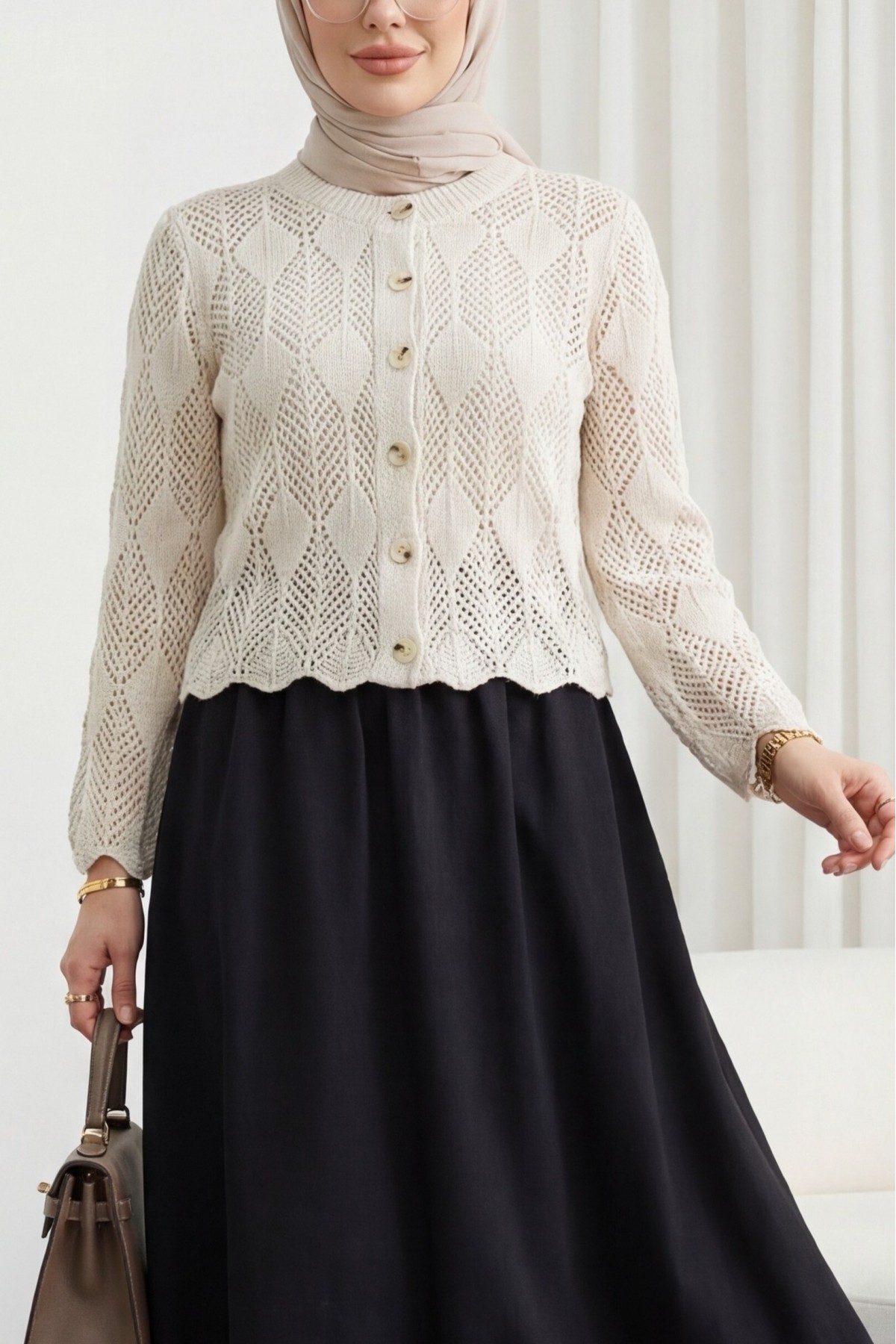 Leaf Patterned Openwork Knit Cardigan -Stone