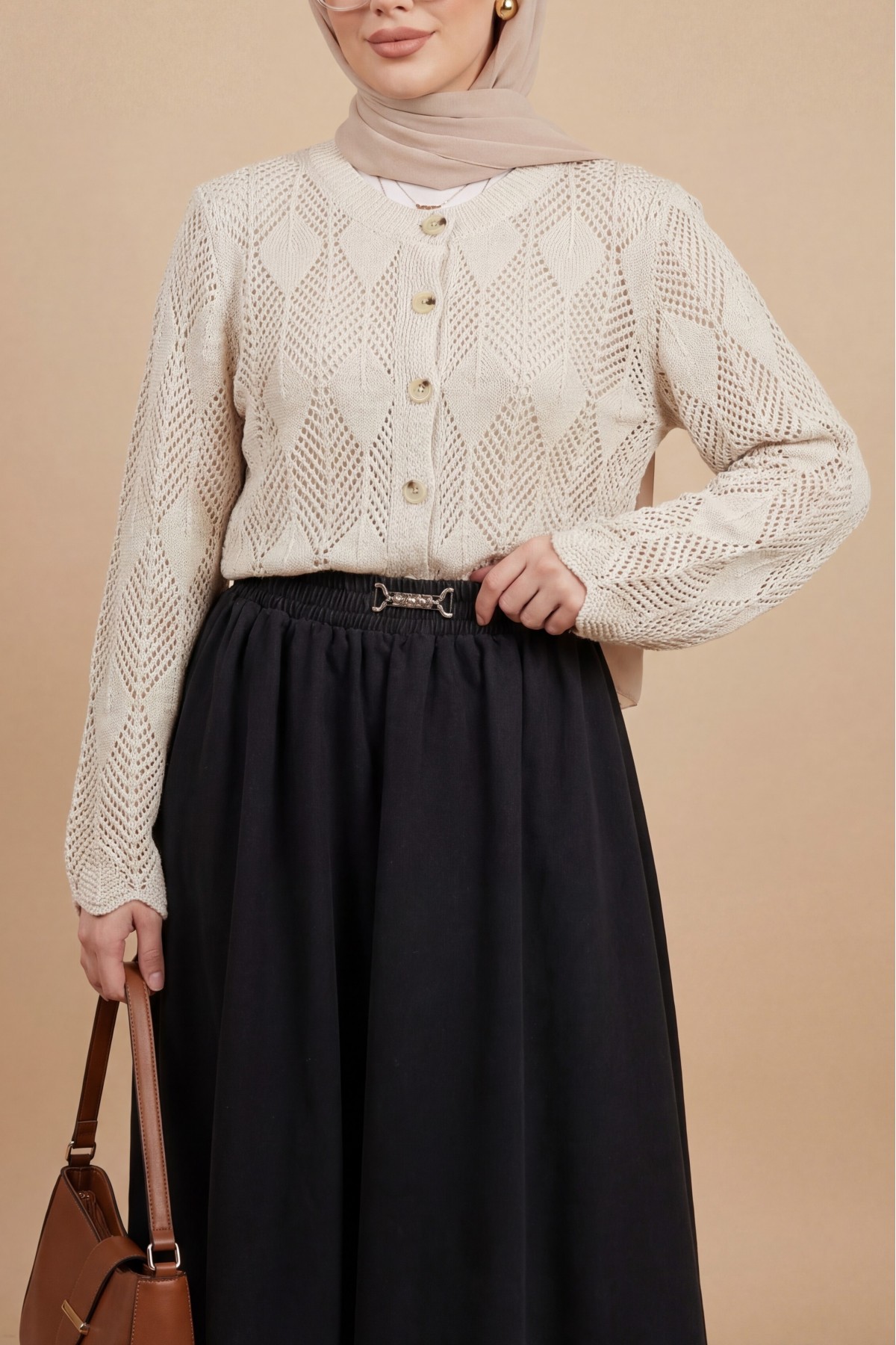Leaf Patterned Openwork Knit Cardigan -Stone