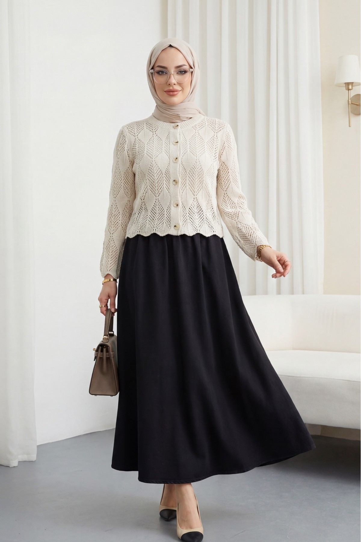 Leaf Patterned Openwork Knit Cardigan -Stone