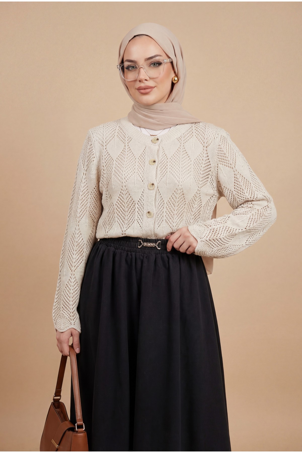 Leaf Patterned Openwork Knit Cardigan -Stone
