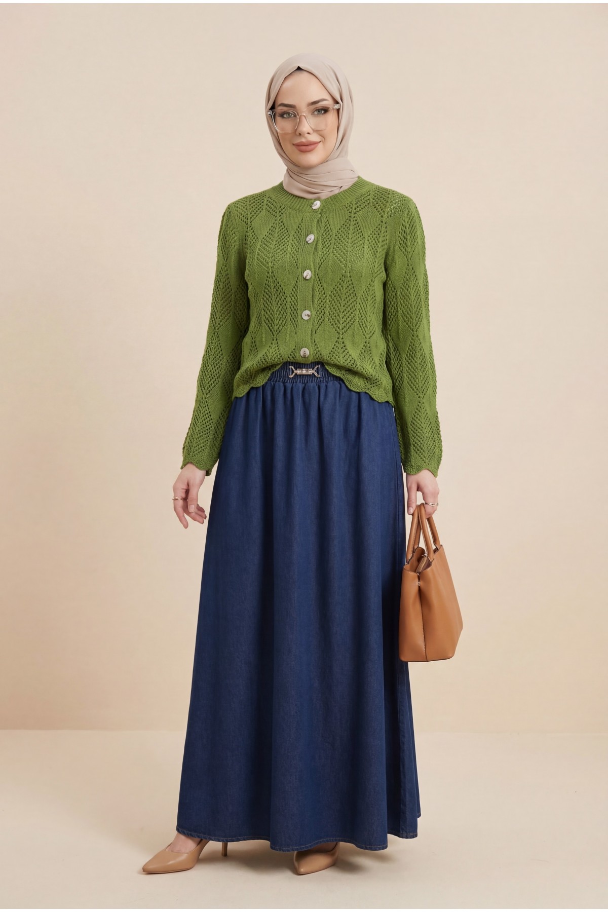 Leaf Patterned Openwork Knit Cardigan -PISTACHIO GREEN