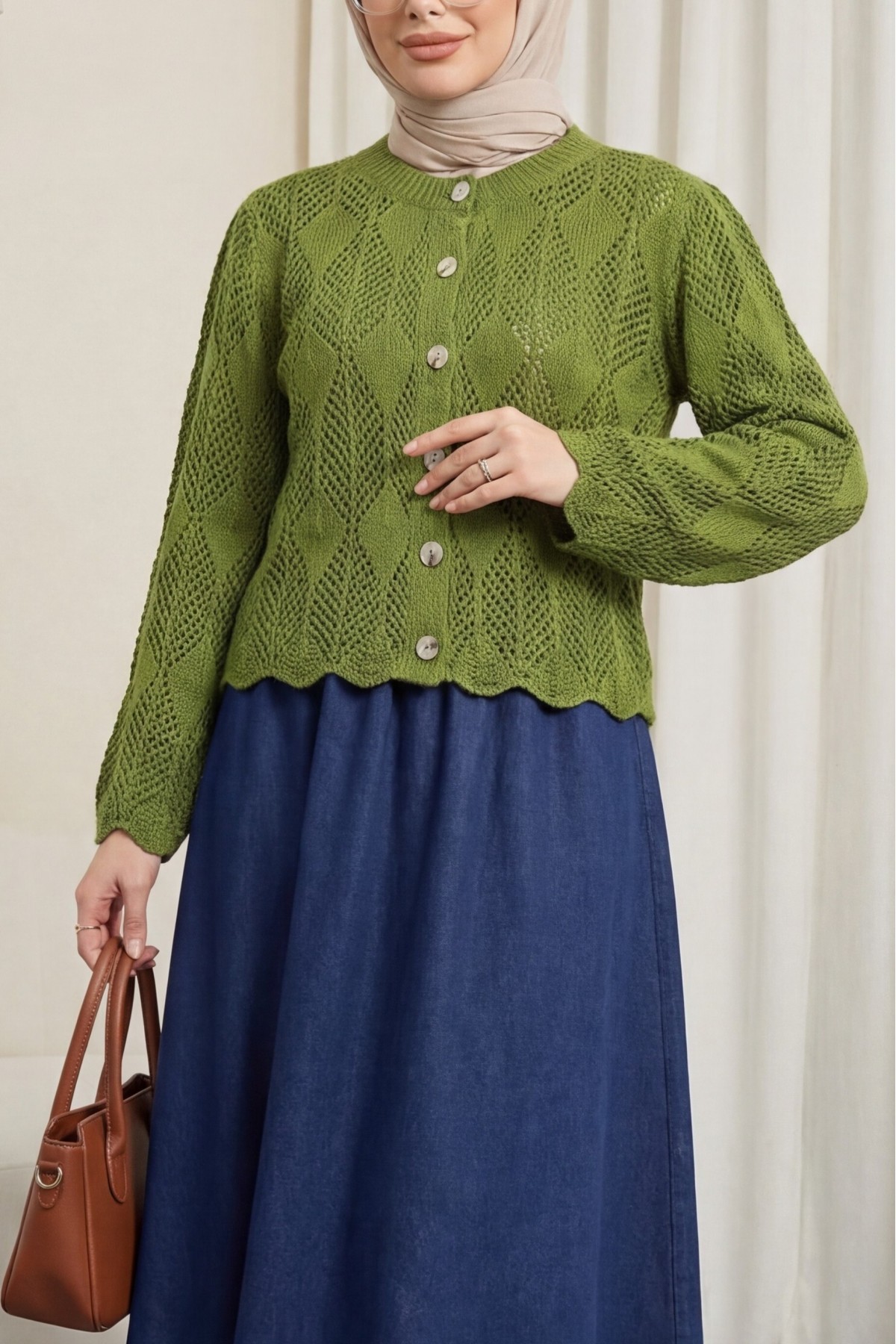 Leaf Patterned Openwork Knit Cardigan -PISTACHIO GREEN