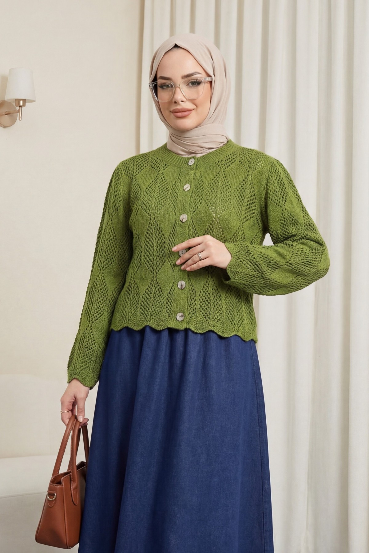 Leaf Patterned Openwork Knit Cardigan -PISTACHIO GREEN
