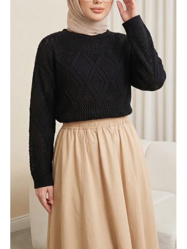 Knitted Sweater with Openwork Pattern on Front and Sleeves -Black