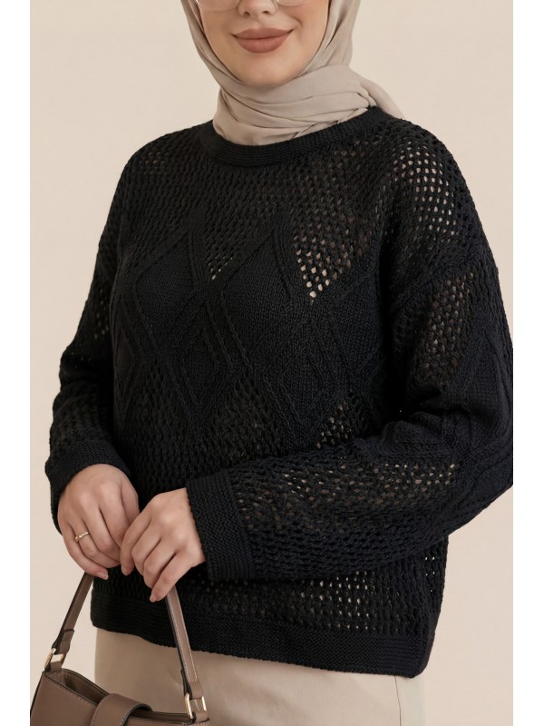 Önü Ve Kolları Desenli Ajurlu Triko Kazak -Siyah