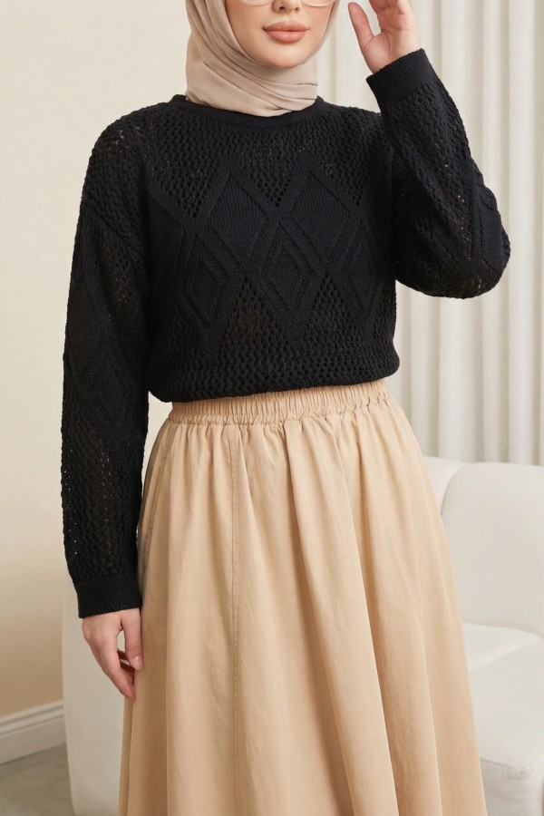 Knitted Sweater with Openwork Pattern on Front and Sleeves -Black