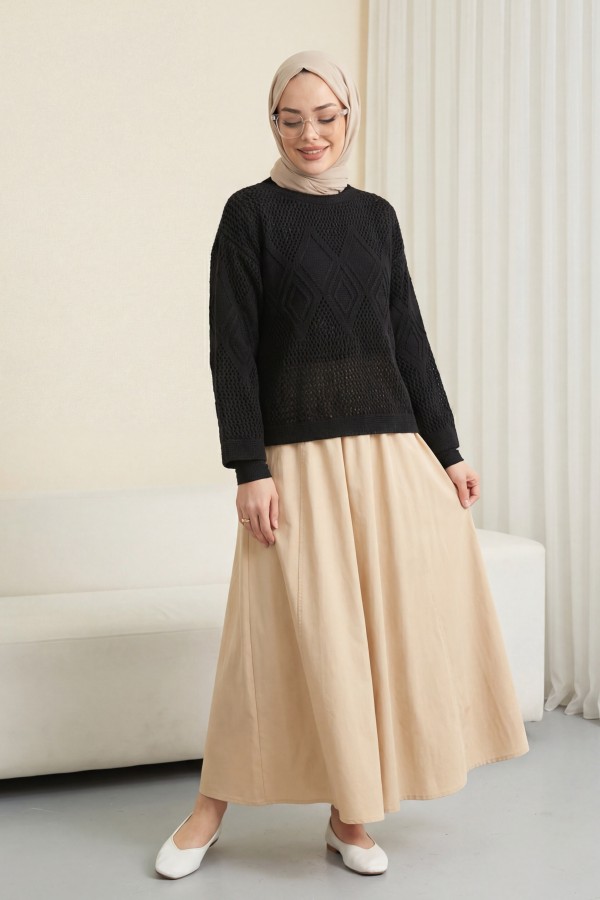 Knitted Sweater with Openwork Pattern on Front and Sleeves -Black