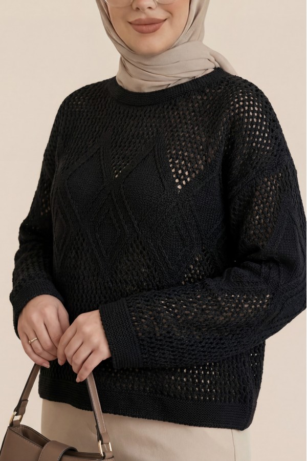 Knitted Sweater with Openwork Pattern on Front and Sleeves -Black
