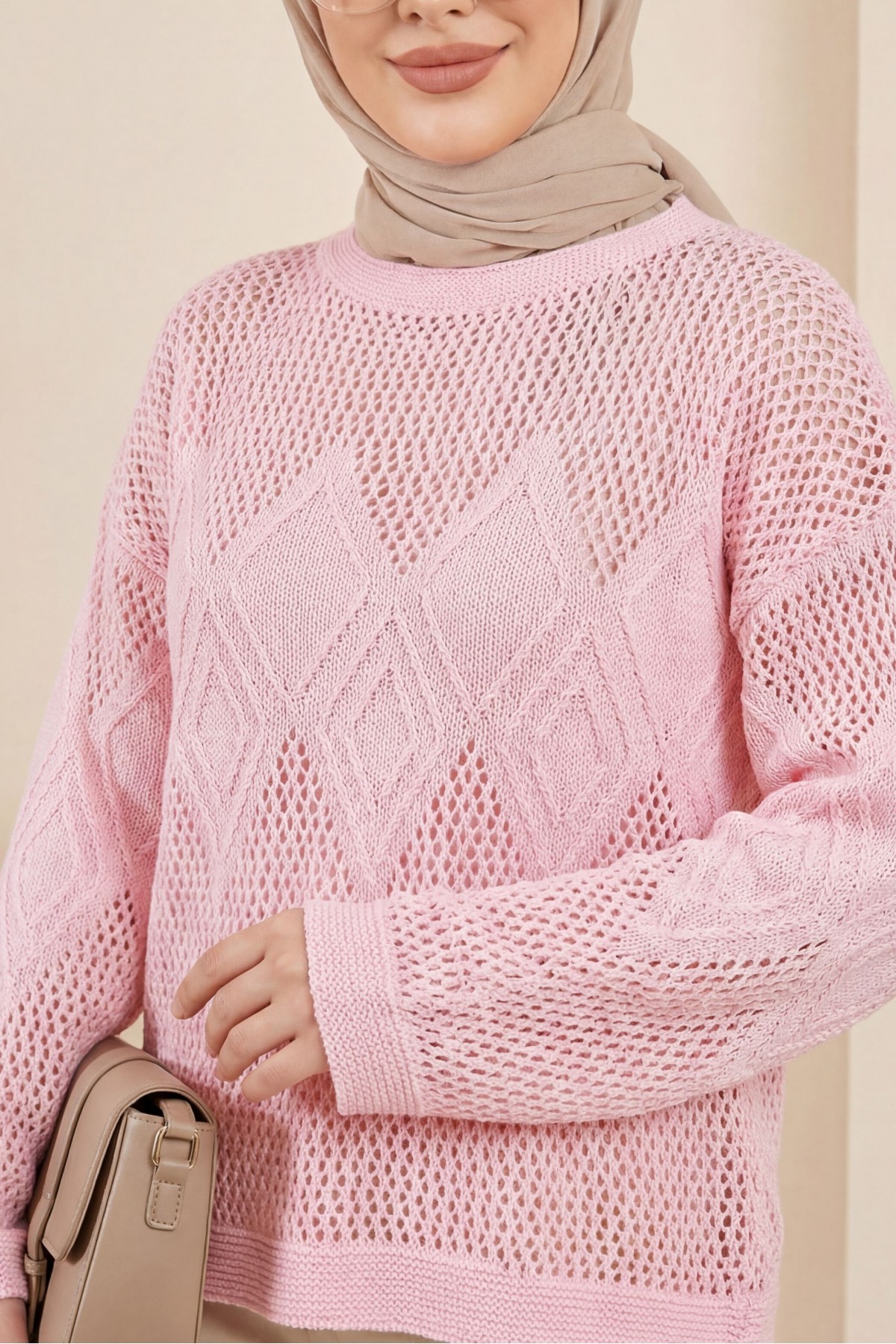 Önü Ve Kolları Desenli Ajurlu Triko Kazak -Pembe