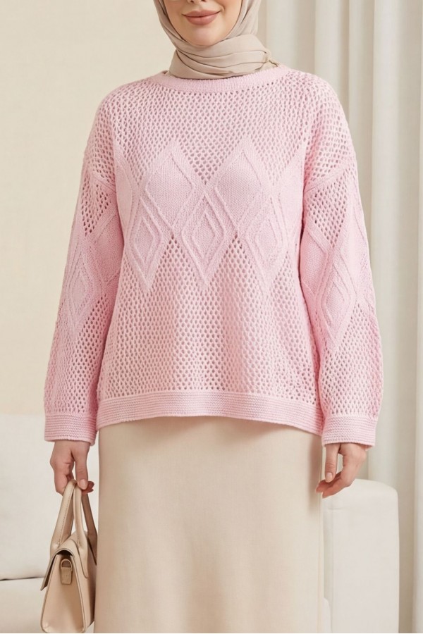 Knitted Sweater with Openwork Pattern on Front and Sleeves -Pink