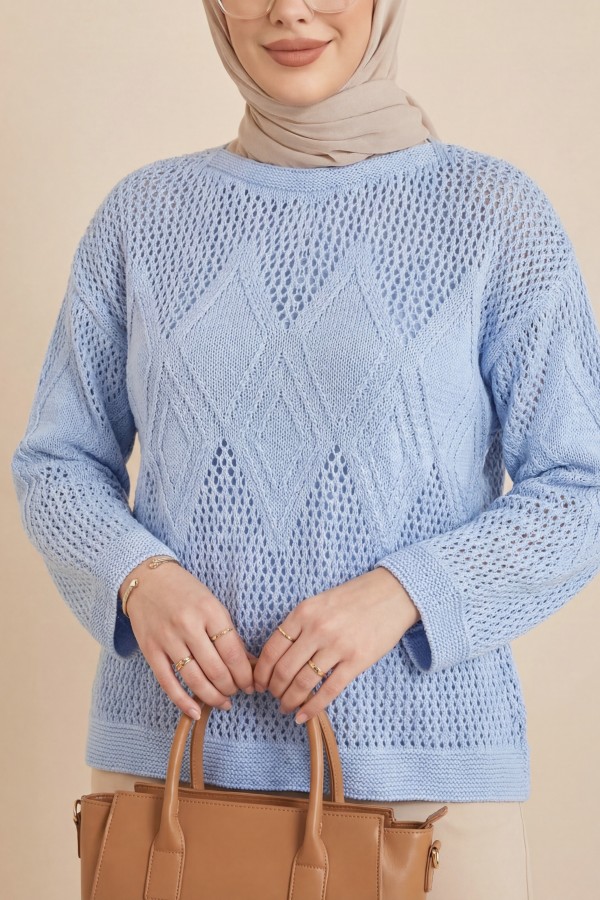 Knitted Sweater with Openwork Pattern on Front and Sleeves -Baby Blue
