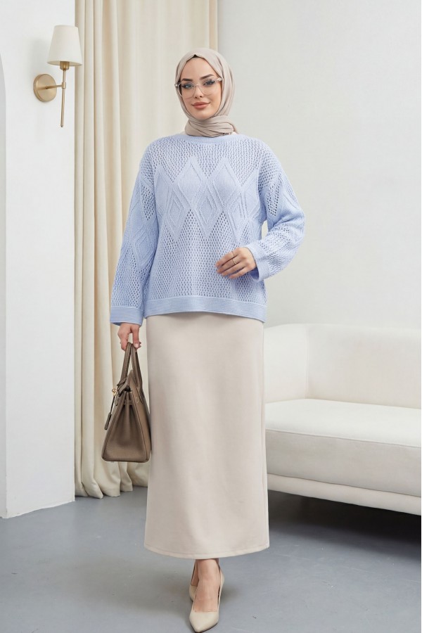 Knitted Sweater with Openwork Pattern on Front and Sleeves -Baby Blue