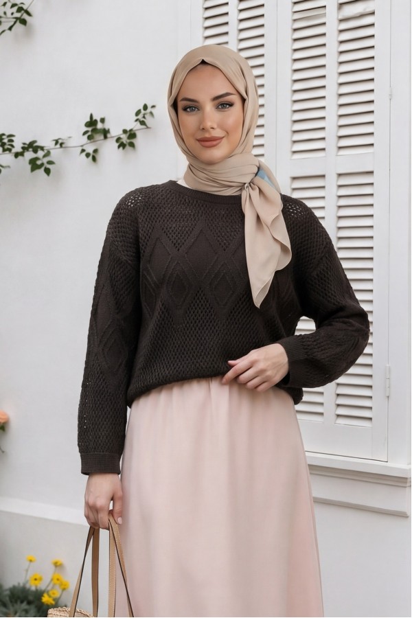 Knitted Sweater with Openwork Pattern on Front and Sleeves -Dark Coffee