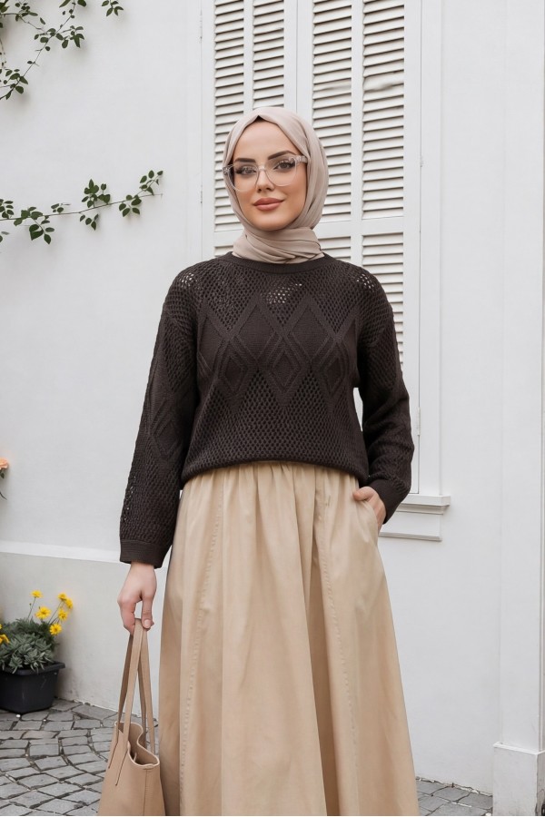 Knitted Sweater with Openwork Pattern on Front and Sleeves -Dark Coffee
