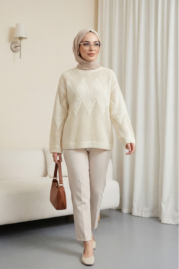 Knitted Sweater with Openwork Pattern on Front and Sleeves - Beige