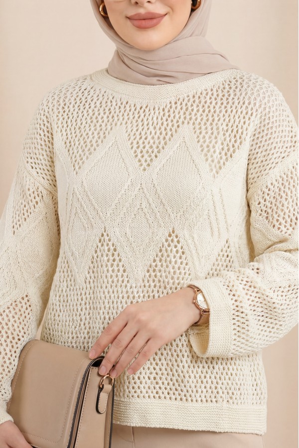 Knitted Sweater with Openwork Pattern on Front and Sleeves - Beige