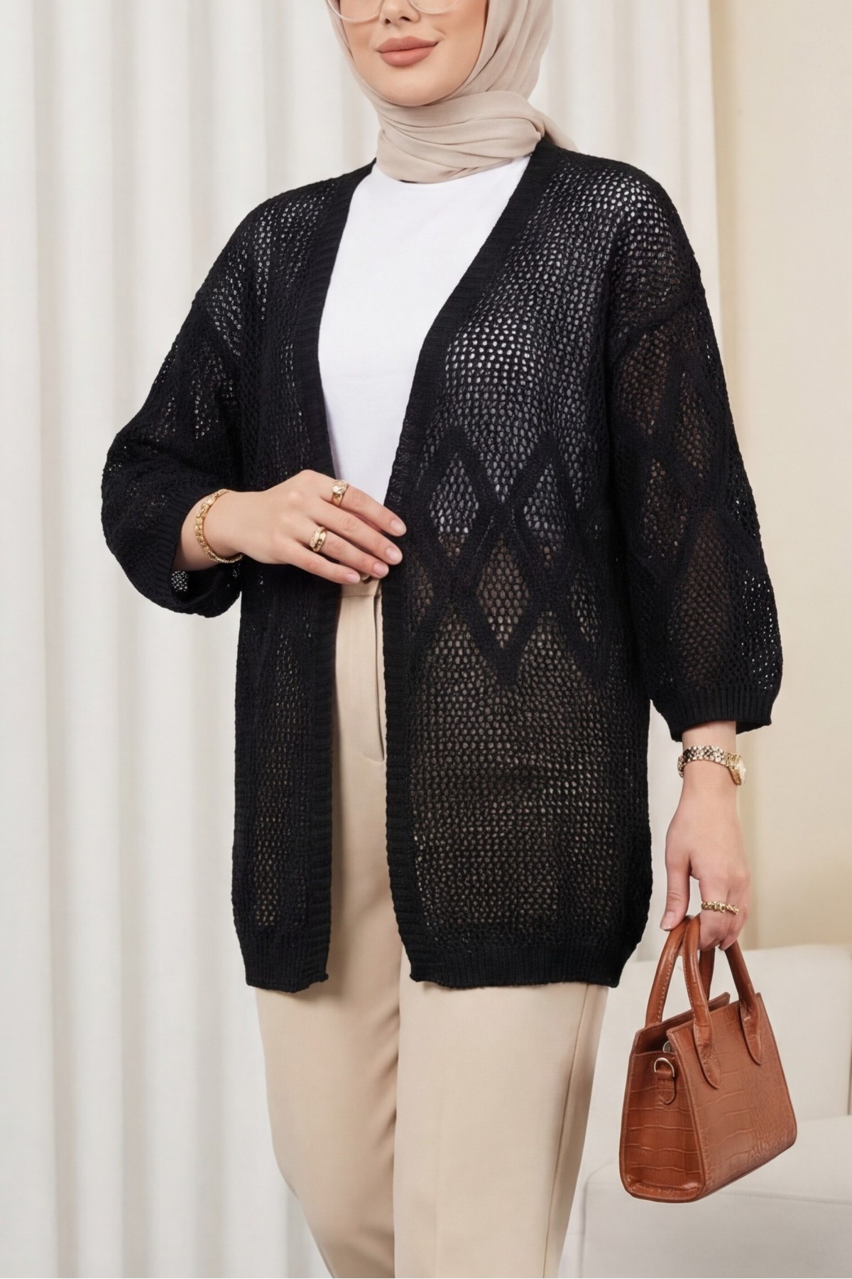 Baklava Patterned Openwork Knit Cardigan -Black