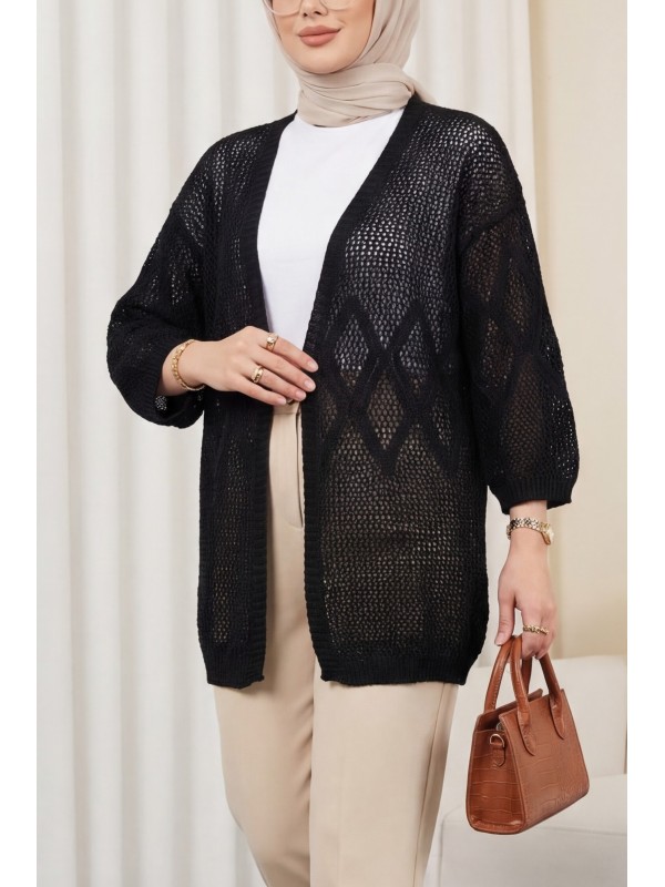 Baklava Desenli Ajurlu Triko Hırka -Siyah