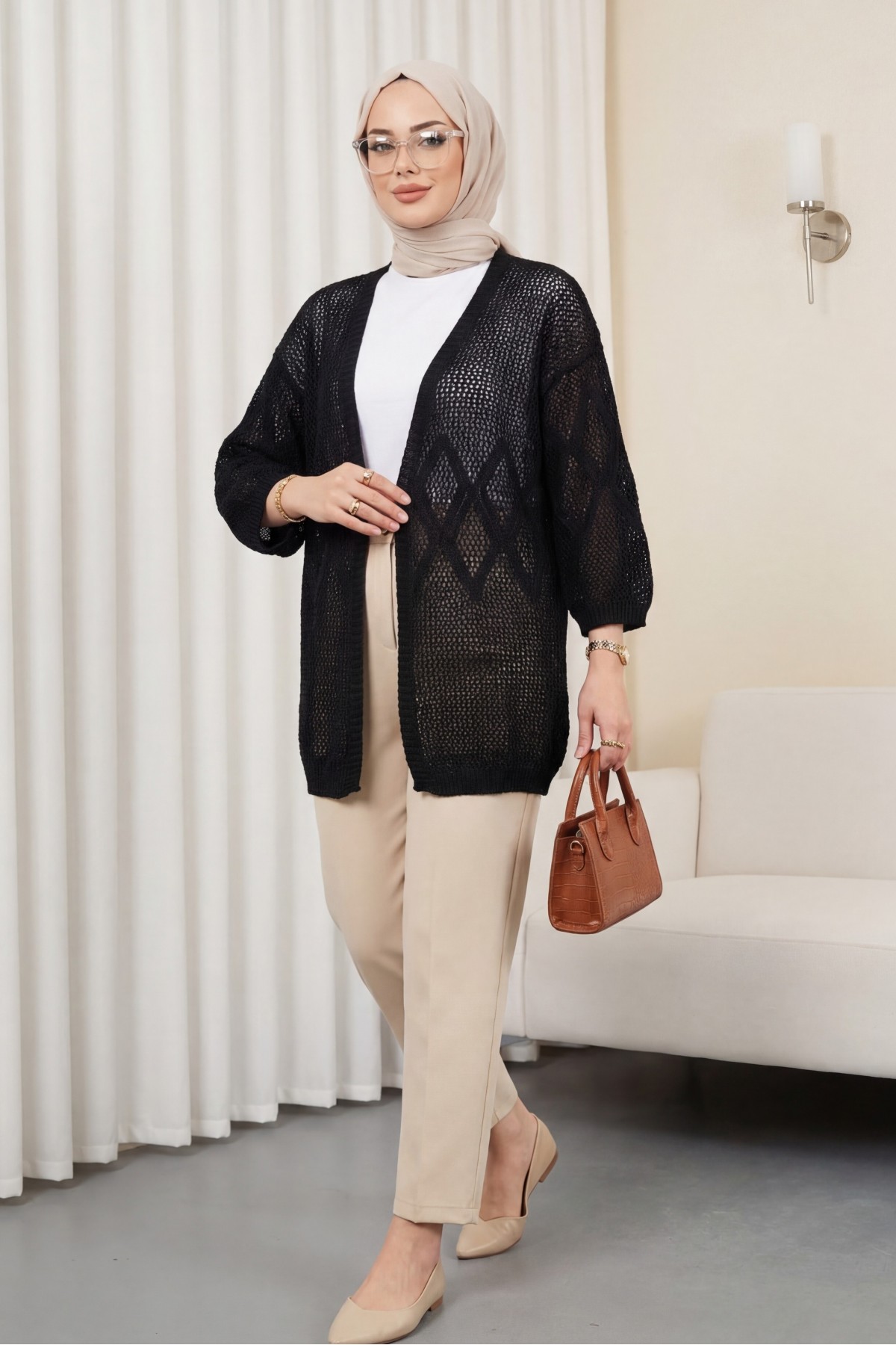 Baklava Patterned Openwork Knit Cardigan -Black