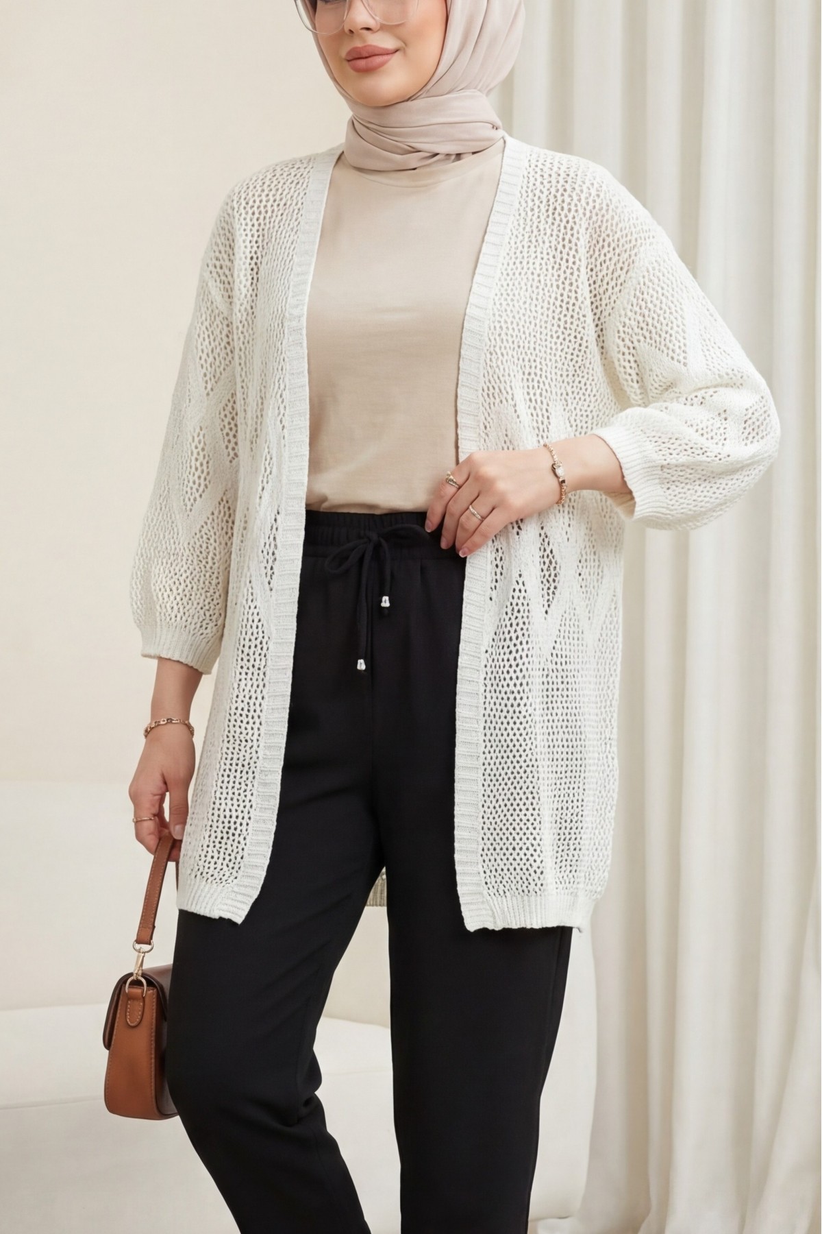 Baklava Patterned Openwork Knit Cardigan -White
