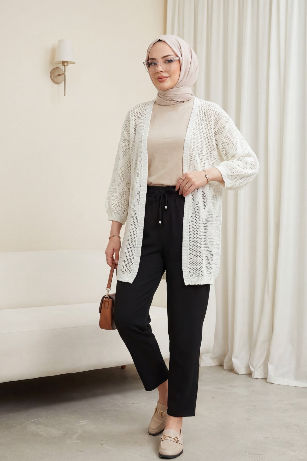 Baklava Patterned Openwork Knit Cardigan -White