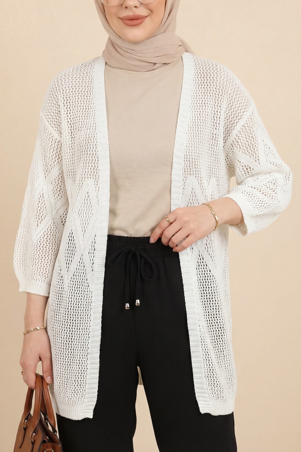 Baklava Patterned Openwork Knit Cardigan -White