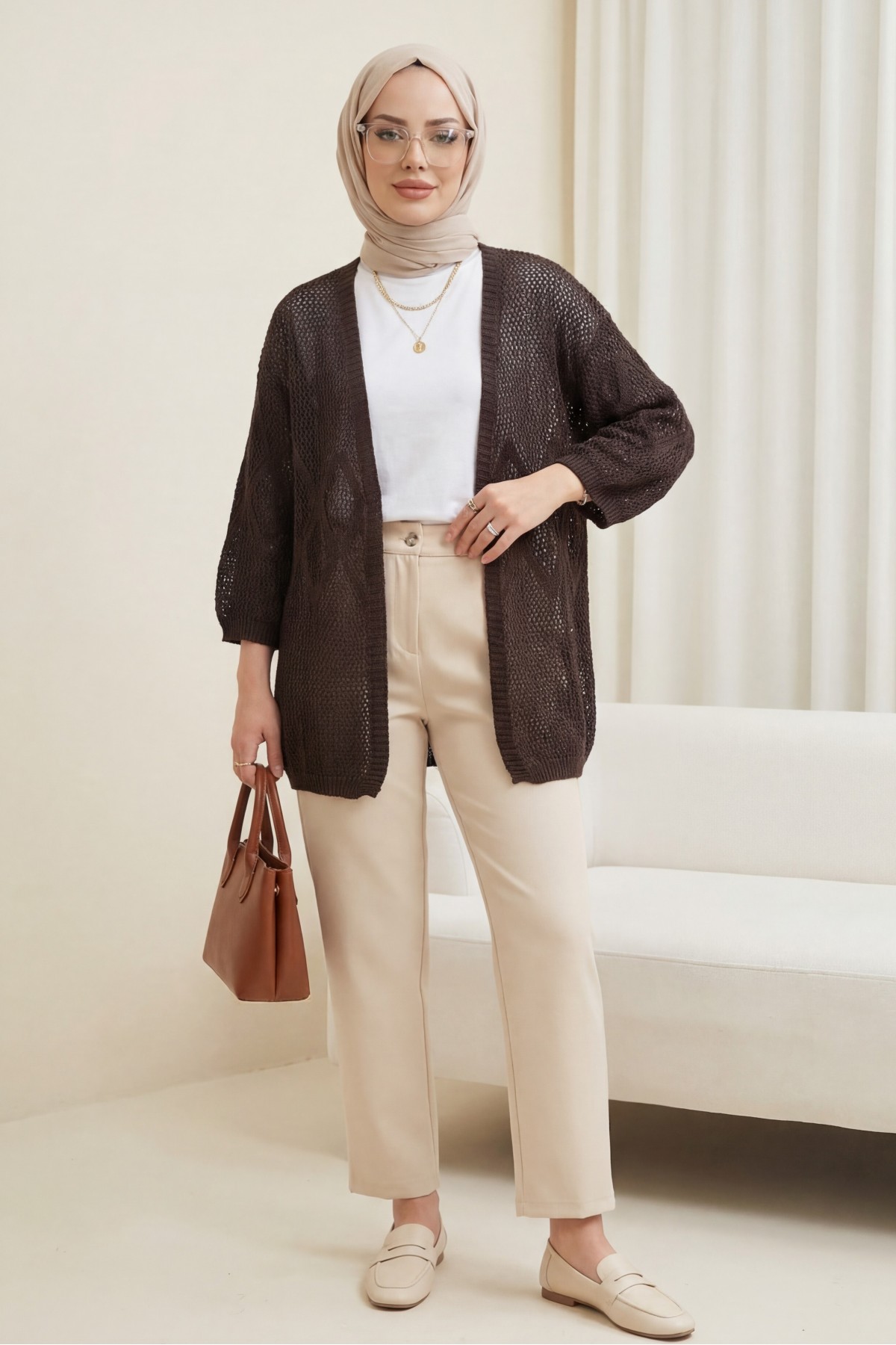 Baklava Patterned Openwork Knit Cardigan -Dark Coffee