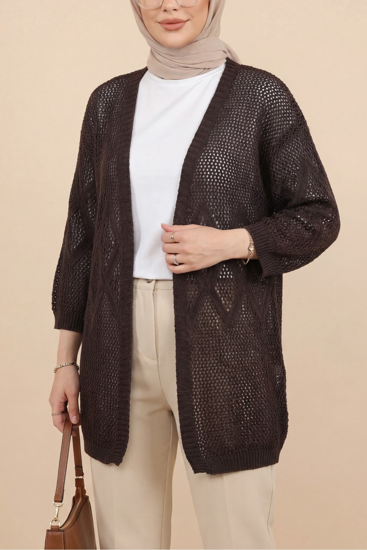 Baklava Patterned Openwork Knit Cardigan -Dark Coffee