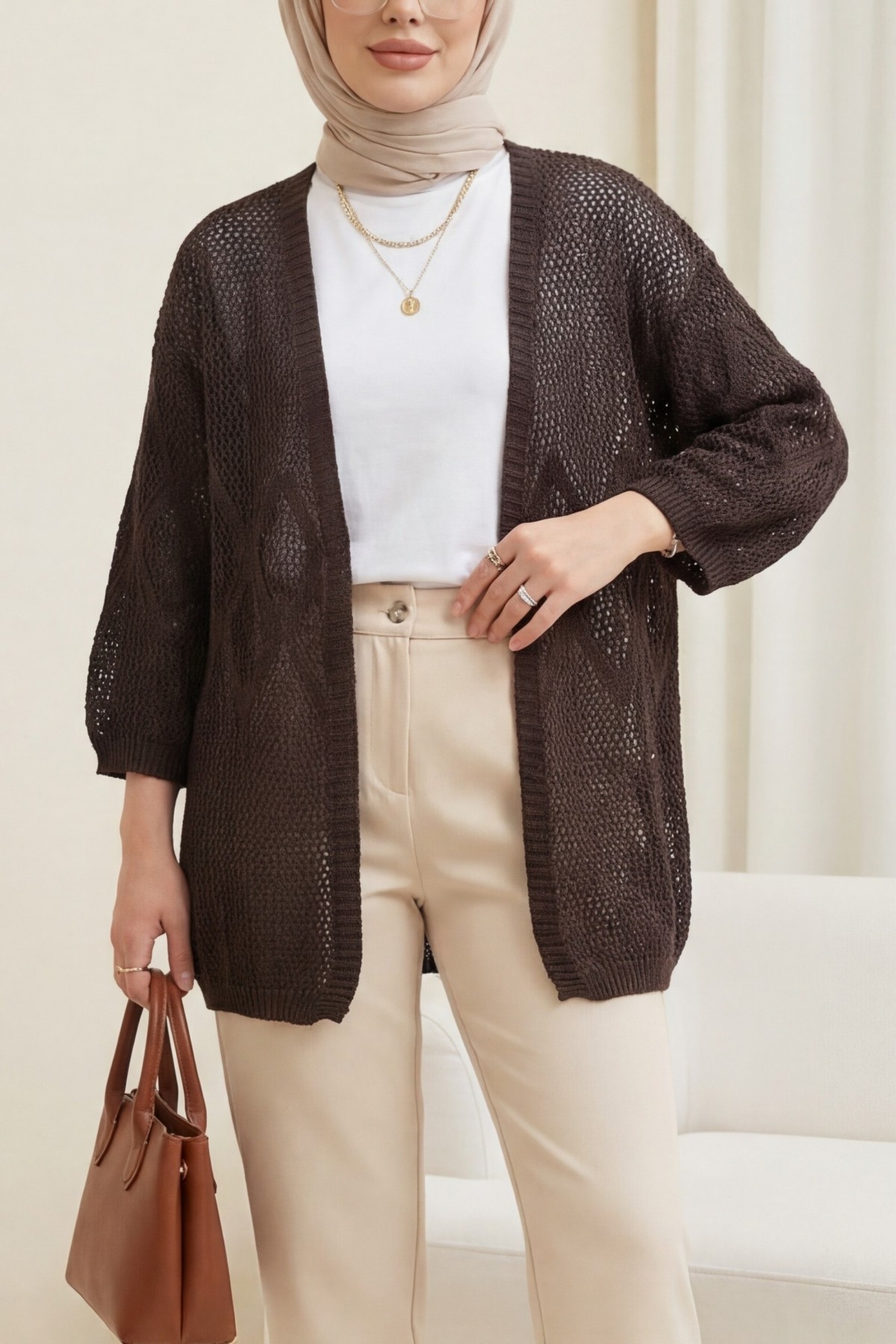 Baklava Patterned Openwork Knit Cardigan -Dark Coffee