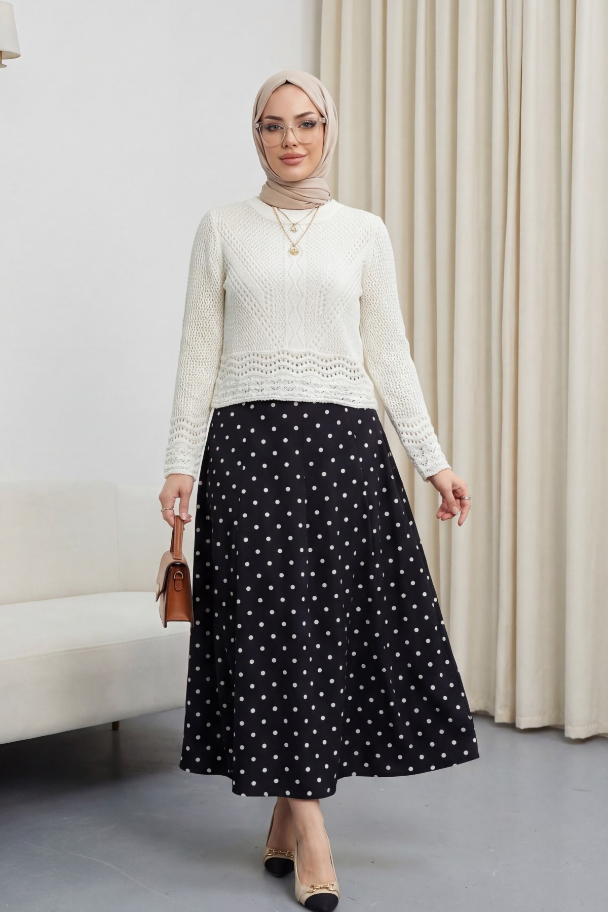 Ajurlu Desenli İnce Örgü Triko -Ekru