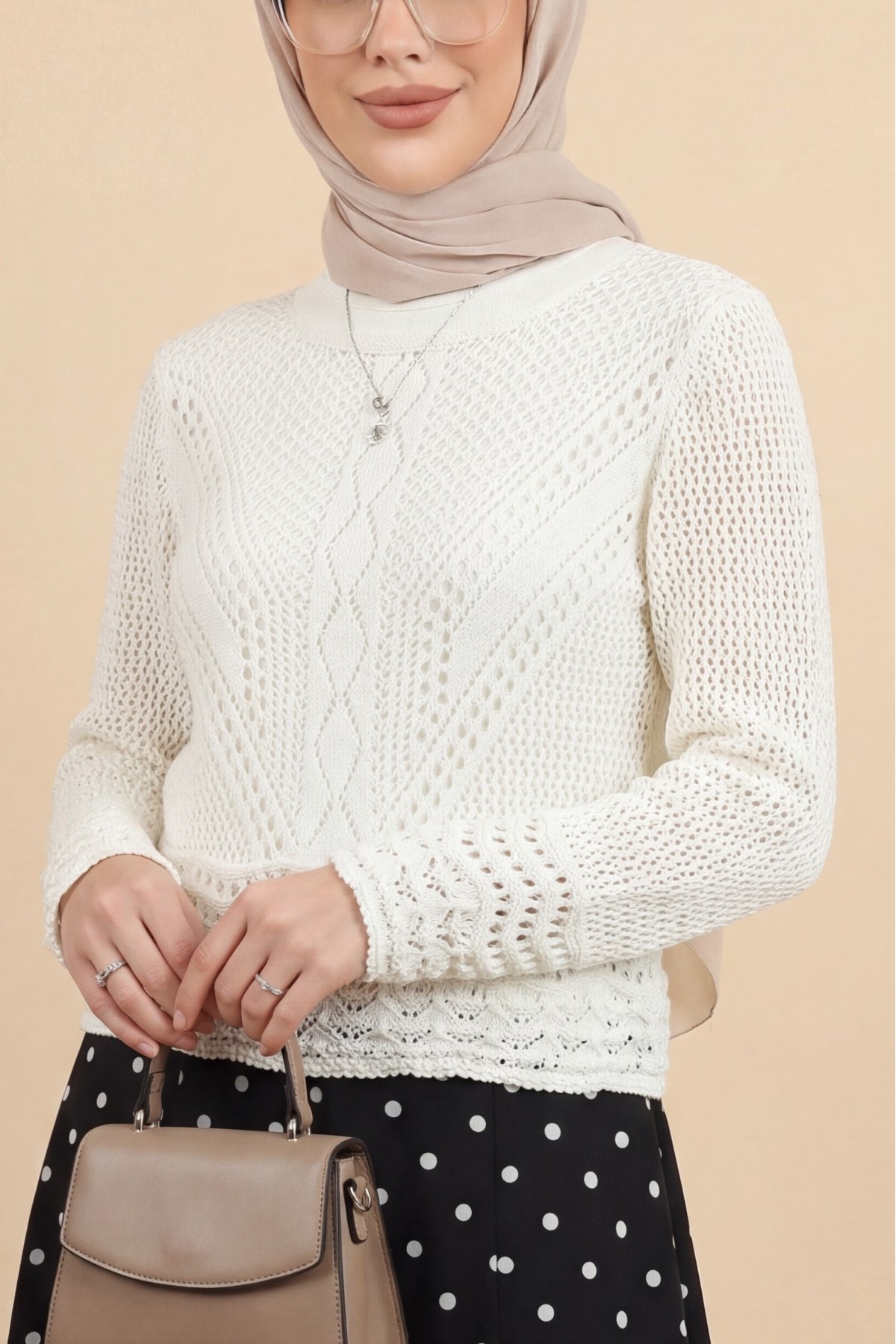 Ajurlu Desenli İnce Örgü Triko -Ekru