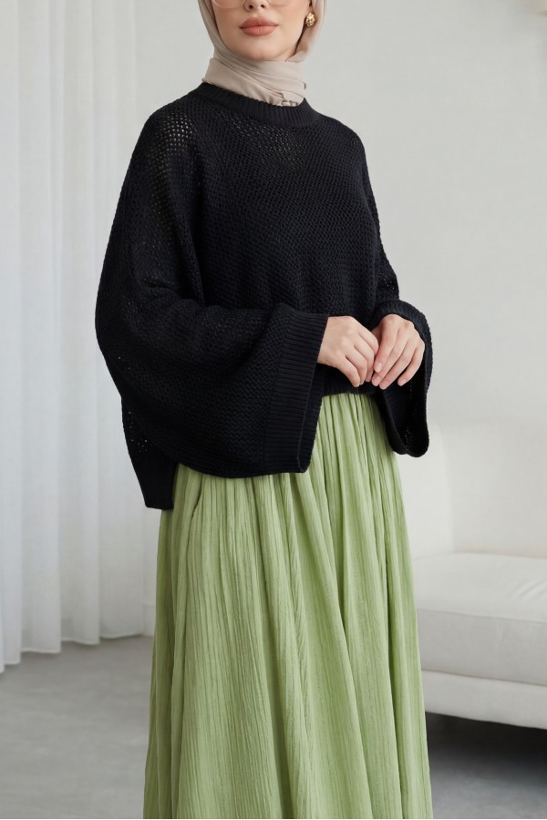 Batwing Sleeve Openwork Knit Sweater -Black