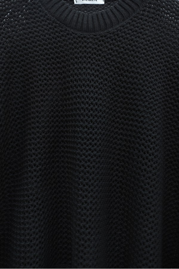 Batwing Sleeve Openwork Knit Sweater -Black