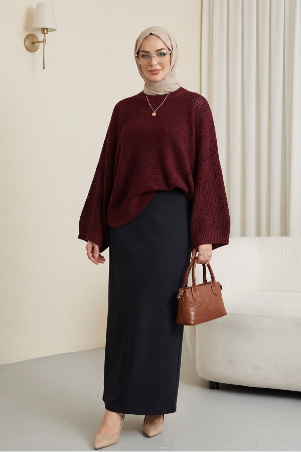 Batwing Sleeve Openwork Knit Sweater -Maroon