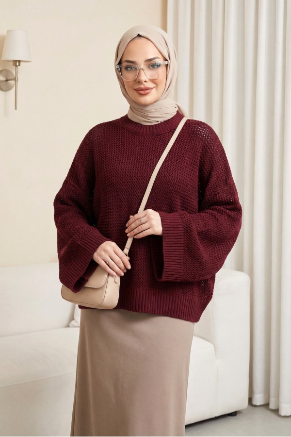 Batwing Sleeve Openwork Knit Sweater -Maroon