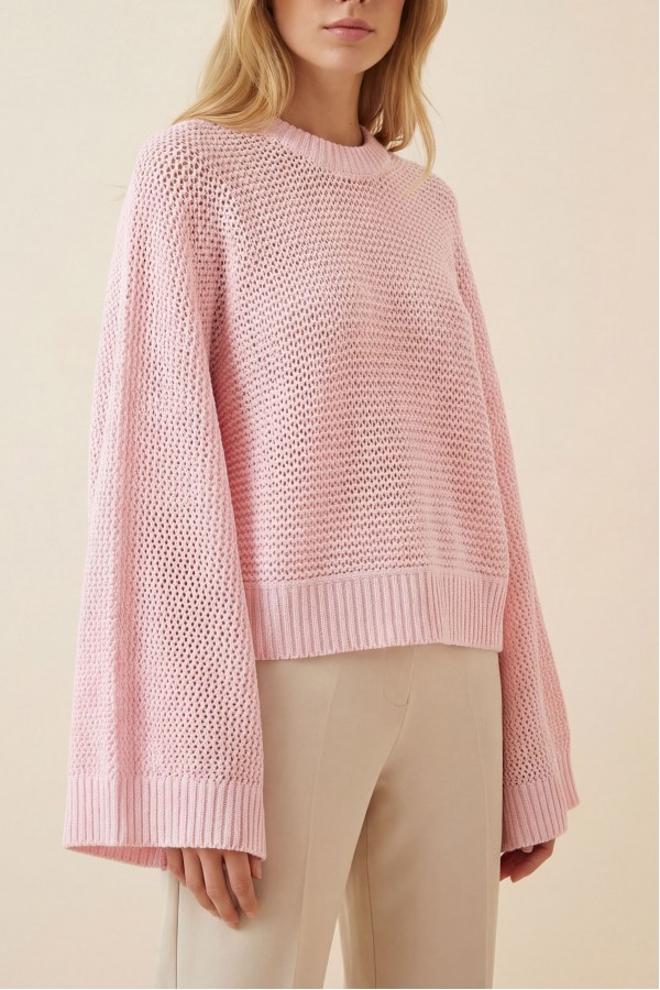 Batwing Sleeve Openwork Knit Sweater -Powder
