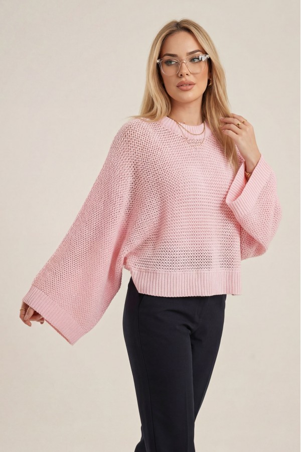 Batwing Sleeve Openwork Knit Sweater -Powder