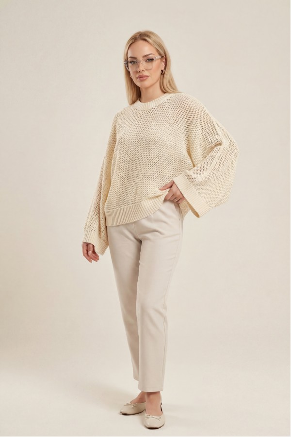 Batwing Sleeve Openwork Knit Sweater -Cream color
