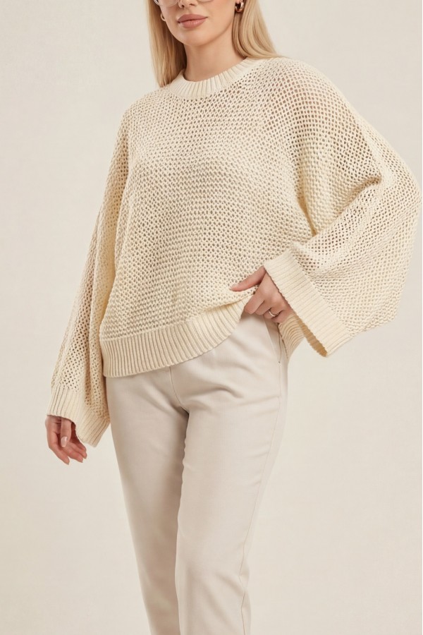 Batwing Sleeve Openwork Knit Sweater -Cream color