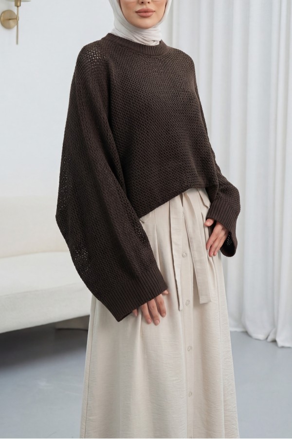 Batwing Sleeve Openwork Knit Sweater -Dark Coffee