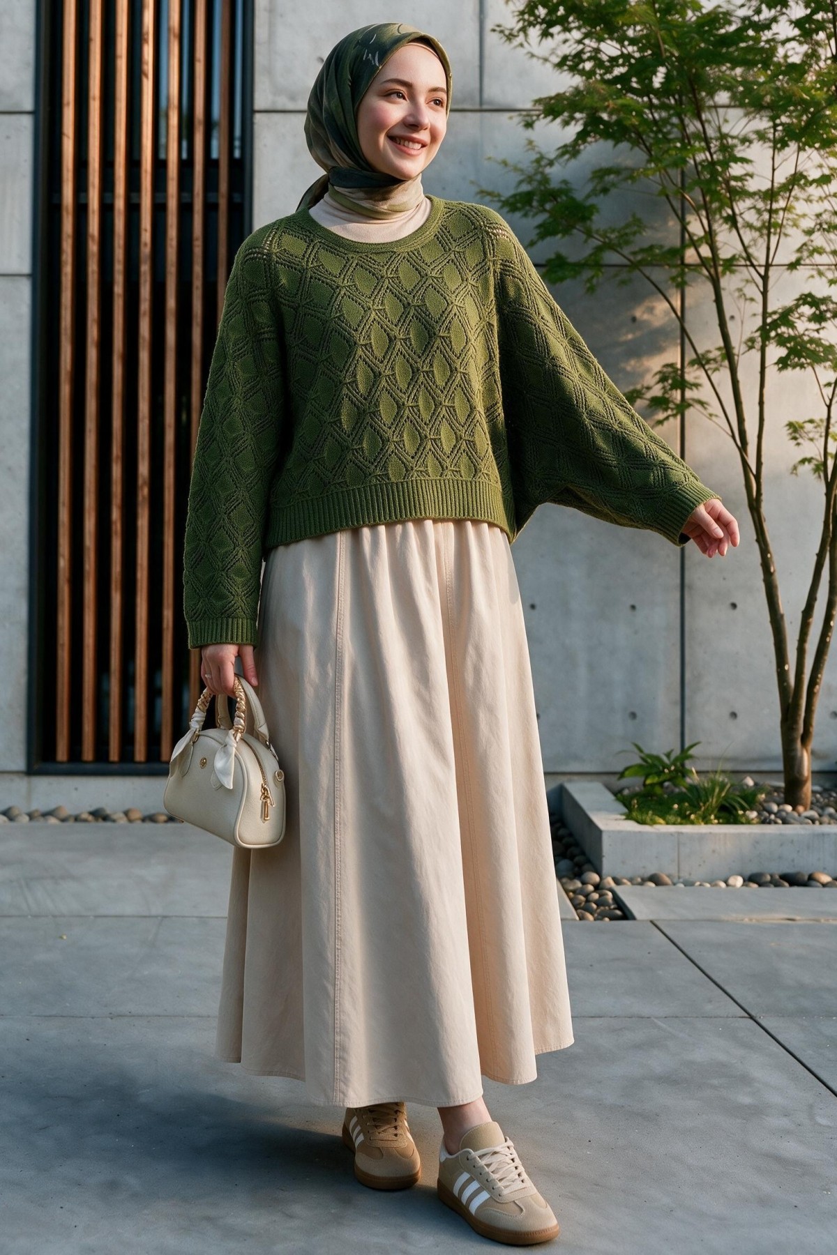 Round Neck Batwing Sleeve Openwork Knit Sweater -Khaki