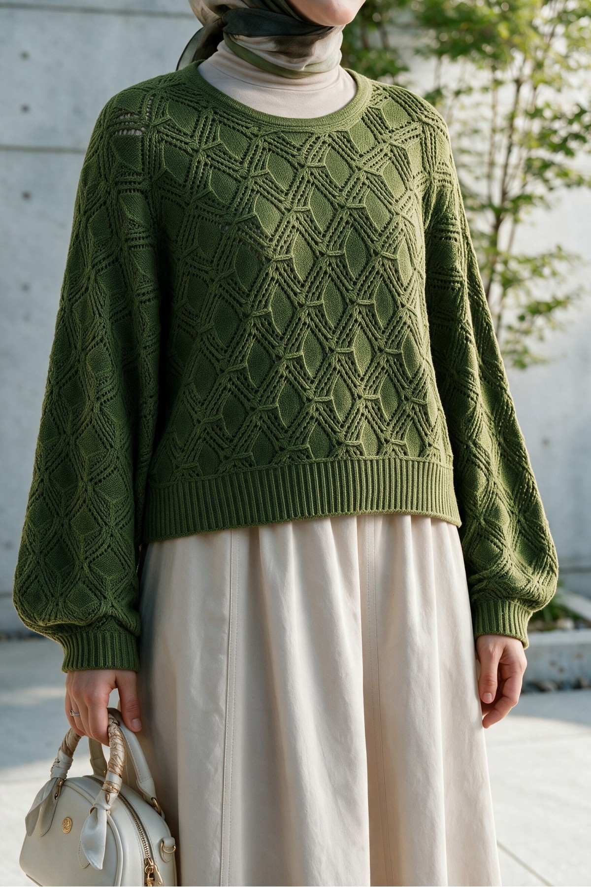 Round Neck Batwing Sleeve Openwork Knit Sweater -Khaki