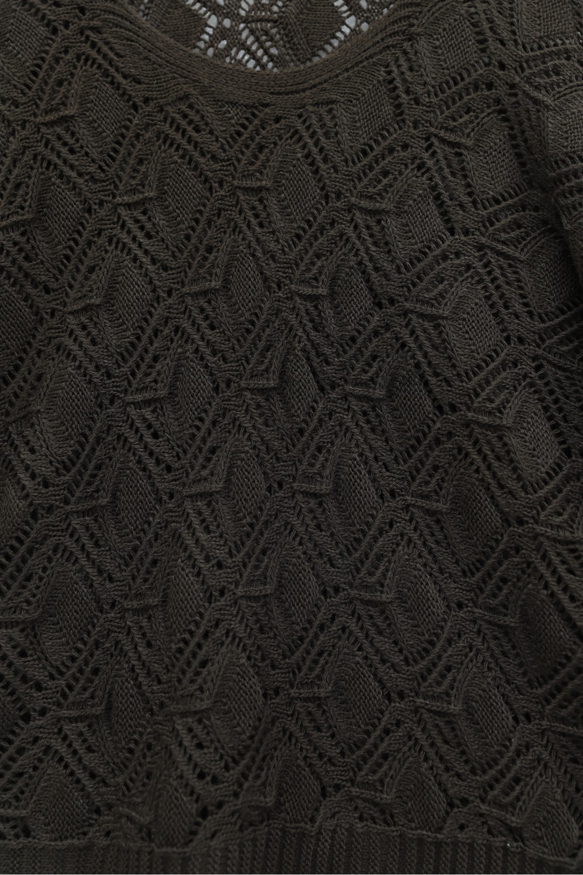 Round Neck Batwing Sleeve Openwork Knit Sweater -Dark Coffee