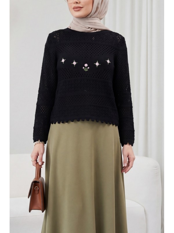 Knitted Sweater with Floral Embroidery and Openwork Pattern -Black