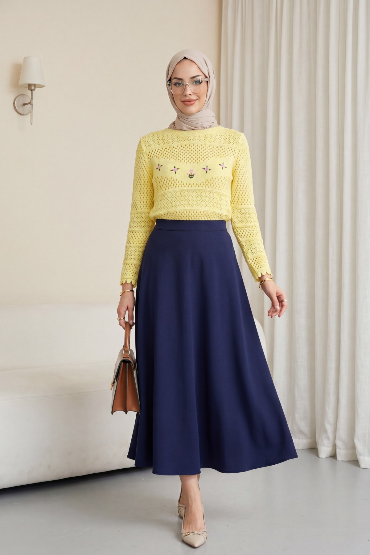 Knitted Sweater with Floral Embroidery and Openwork Pattern -Yellow