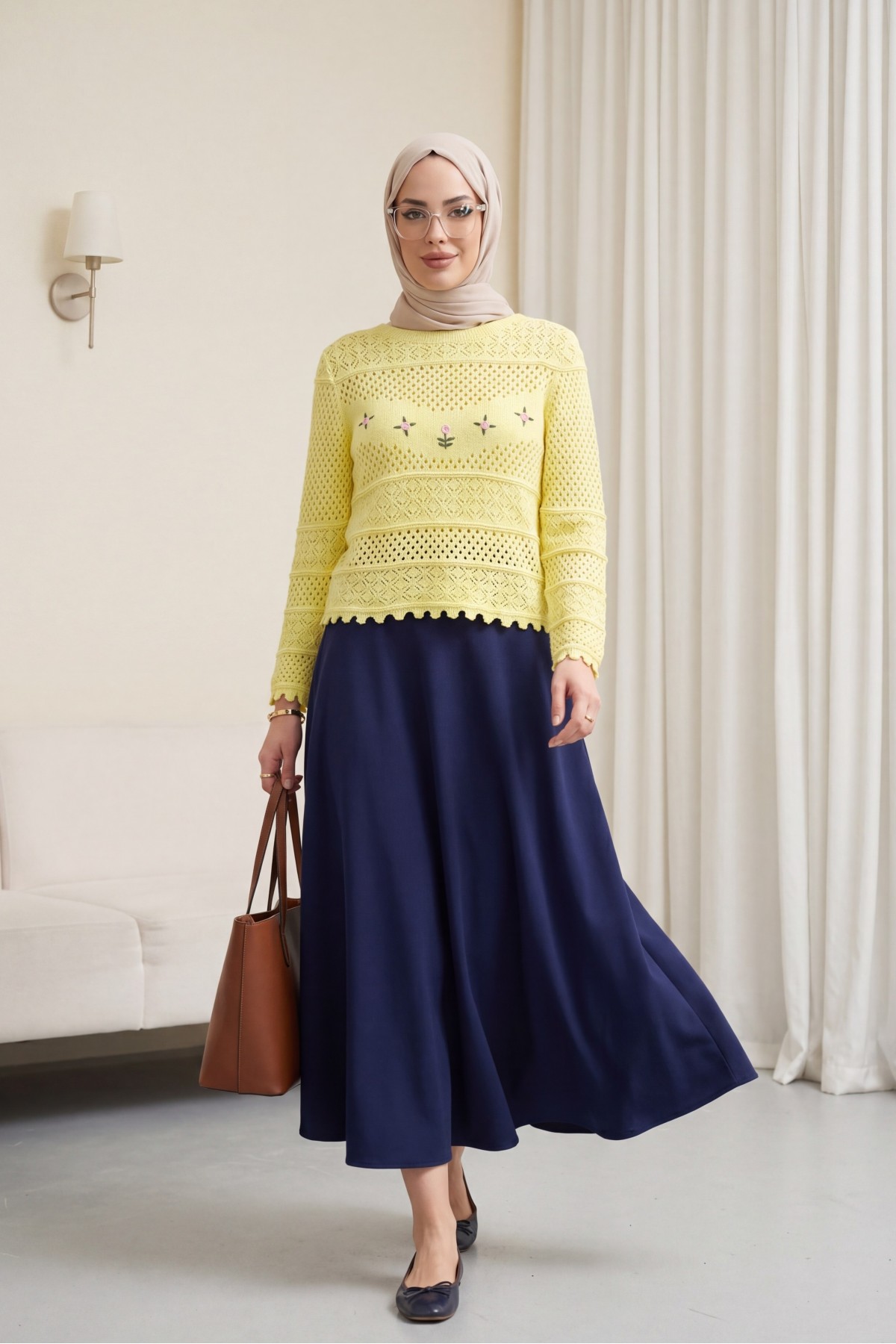 Knitted Sweater with Floral Embroidery and Openwork Pattern -Yellow
