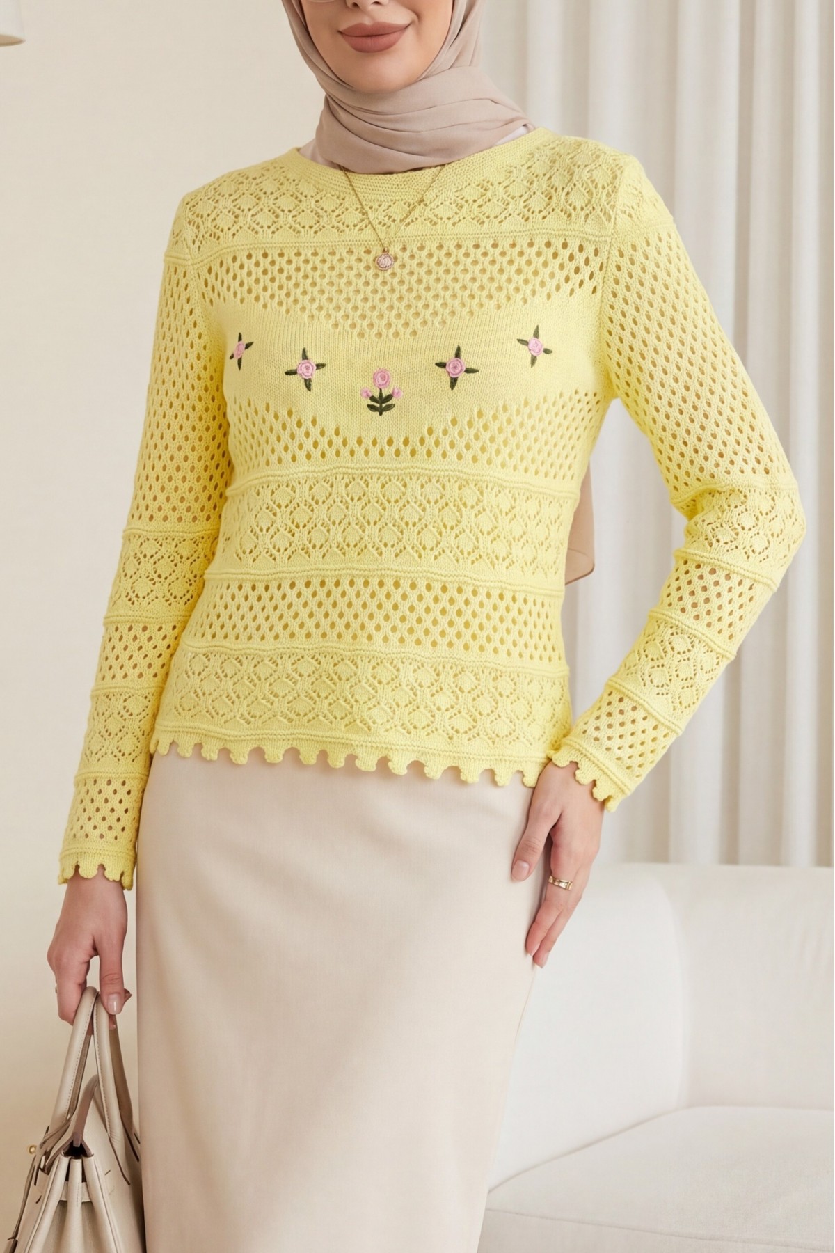 Knitted Sweater with Floral Embroidery and Openwork Pattern -Yellow